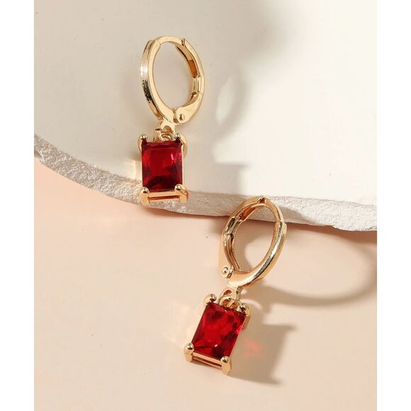 Emerald Cut Red Rhinestone Gold Drop Earrings Dangle Pendant Hoop Elegant Stylsh - Picture 4 of 4